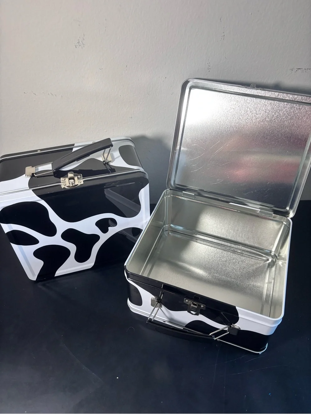 Metal Lunchbox Storage Case in Black & White Cow Print